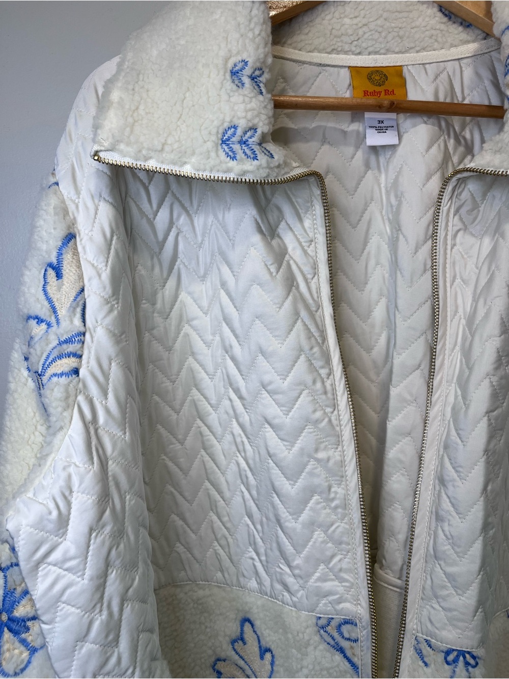 Ruby Rd. White Sherpa Jacket with Blue Floral Embroidery - Picture 3 of 8